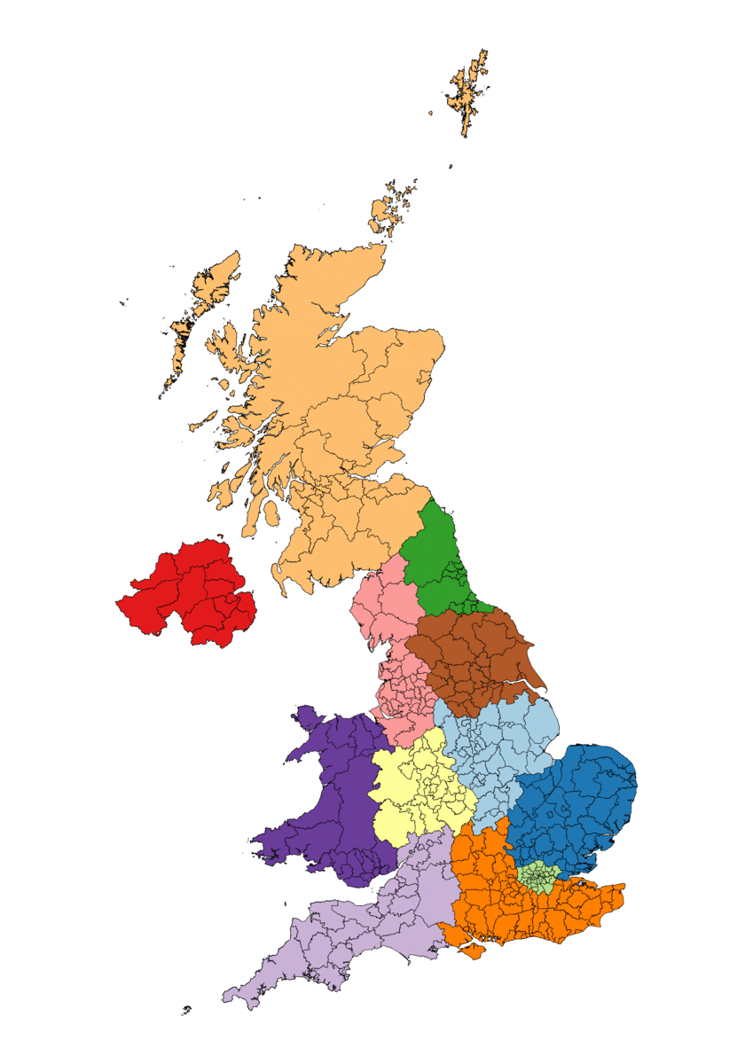 Animated GIF showing how local area districts in Great Britain transform into OS made cartograms. The animation begins with a standard map of districts and gradually morphs the shapes so their size reflects a set variable. They are colour coded based on UK regions which were formerly Government Office Regions or GORs