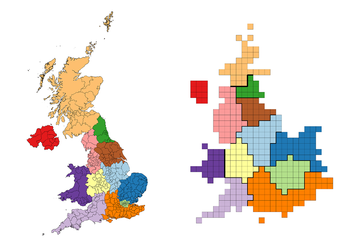 Image showing two maps of Great Britain side by side. The first map displays local area districts in their standard geographic shapes. The second map shows the same districts transformed into a cartogram, where the size of each district is distorted to represent a set variable. They are colour coded based on their UK region